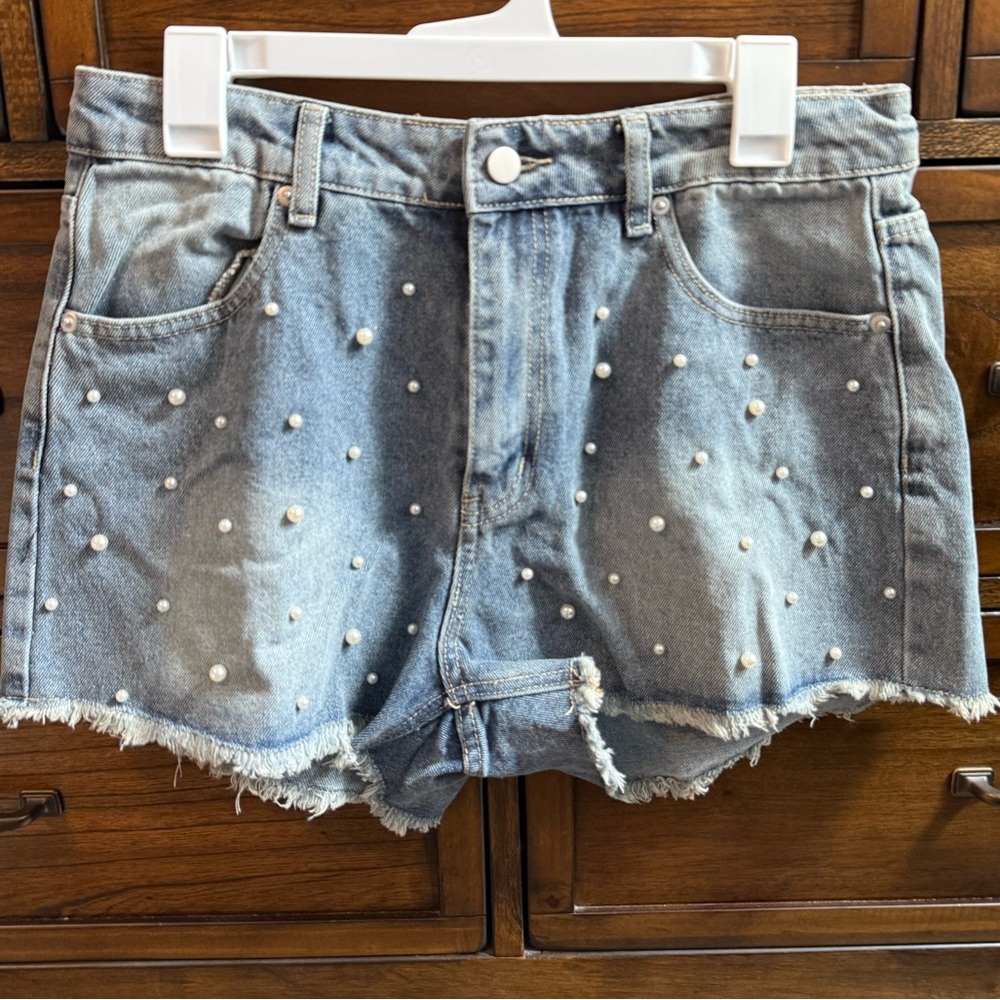 Pink Lily Pearl Embellished Denim Shorts